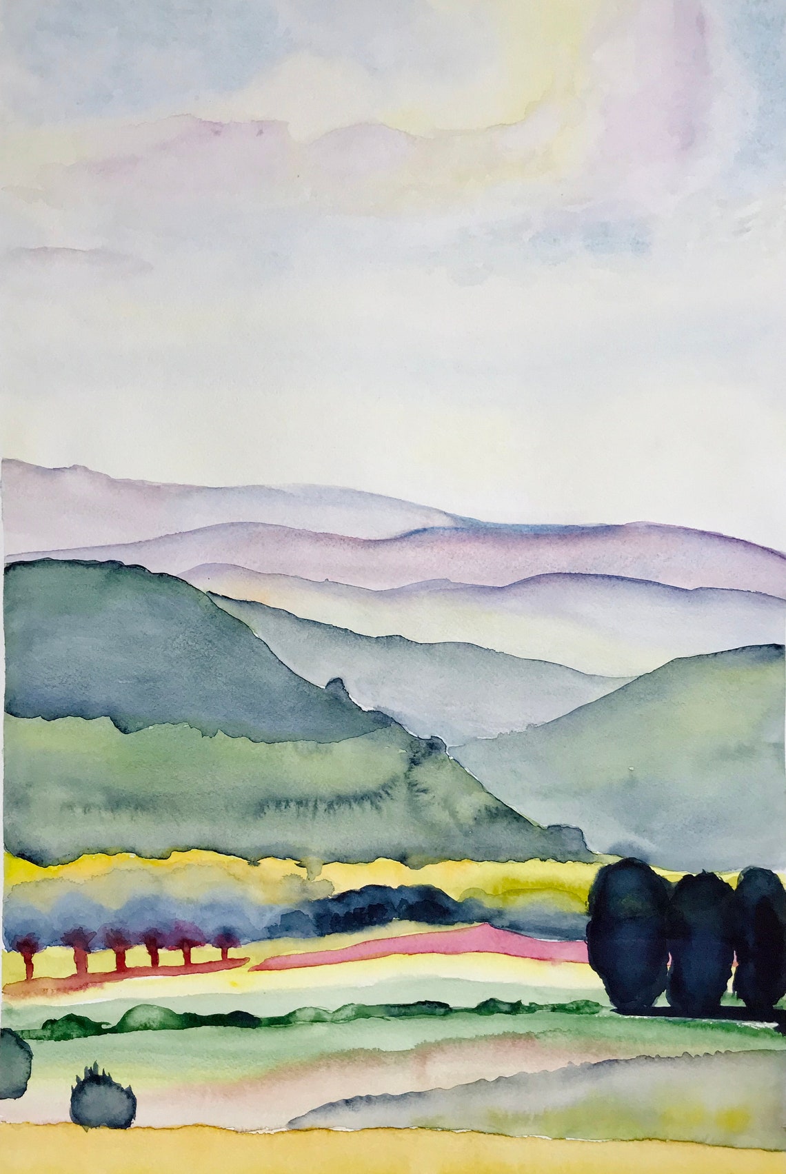 Original watercolor painting Neutral Green Landscape Minimal Etsy