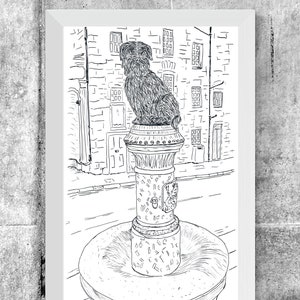 Edinburgh Greyfriars Bobby Sketch, Dog Black & White Line Art, Scotland Landmark Print,  Animal Sculpture Drawing, Historic Monument Decor