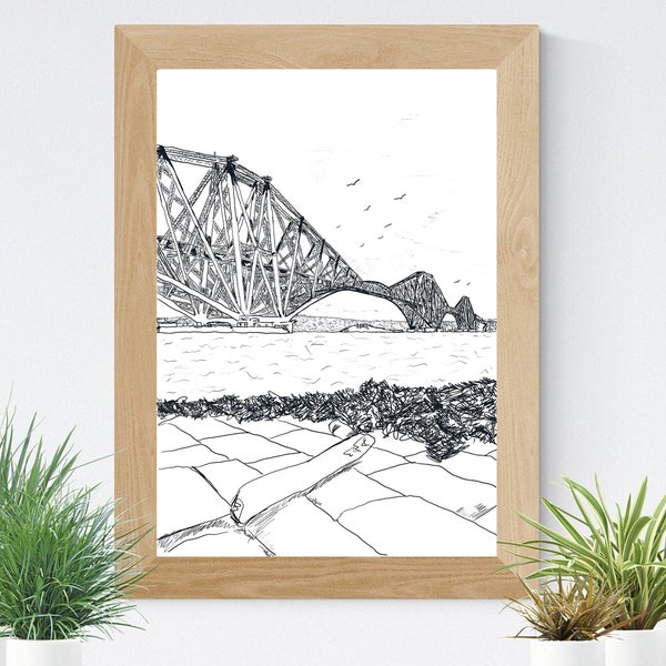 Edinburgh Forth Rail Bridge Sketch, Zwart-wit architectuur muur print, Schotland Muur Decor, Bridge Line Drawing, Fife Coastal Home Decor