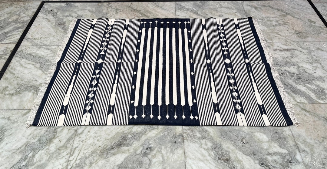 6x9 Area Rug, Flat Weave Rug, Bedroom Abstract Area Rug, Navy Rug for Living Room, Bedroom Rug