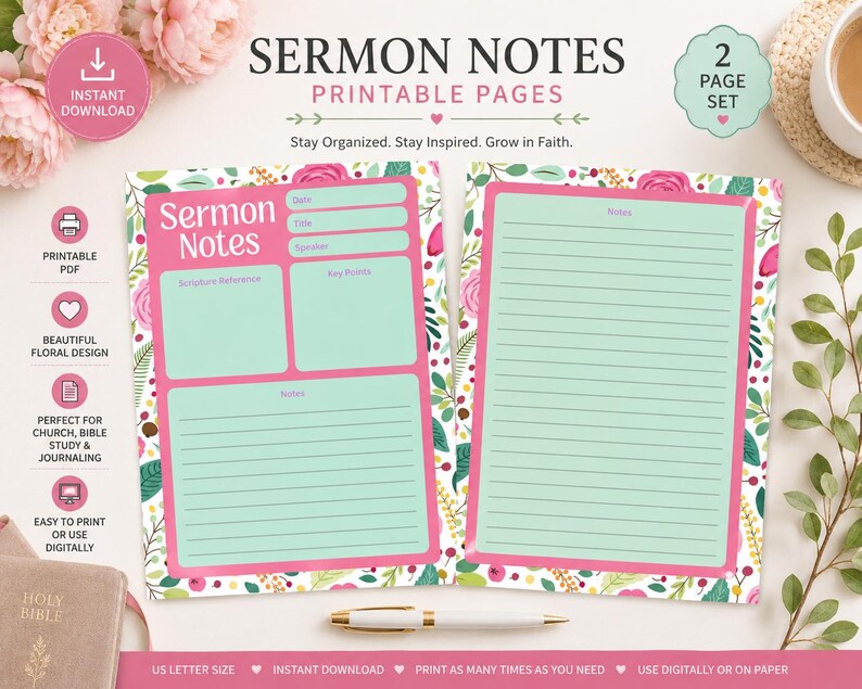 Pretty Sermon Notes Pages That Make Bible Study & Church Notes Feel a ...