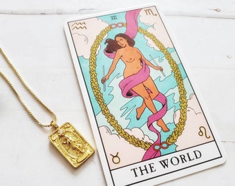 THE WORLD Tarot Card Necklace | 14K Gold Box Chain Pendant Necklace | Delicate, Minimalist Intention Necklace for Success, Travel & Luck