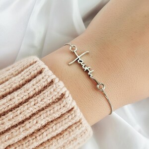 Silver Cross Faith Bracelet, Minimalist Silver Charm Bracelet, Christian Jewelry Gift, Inspirational Scripture, Adjustable Delicate Bracelet