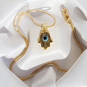 PROTECTION | Gold Hand of Hamsa Pendant Snake Chain  Necklace | Fatima Blue Evil Eye Jewelry Good Luck Charm | Spiritual Gift for Empaths