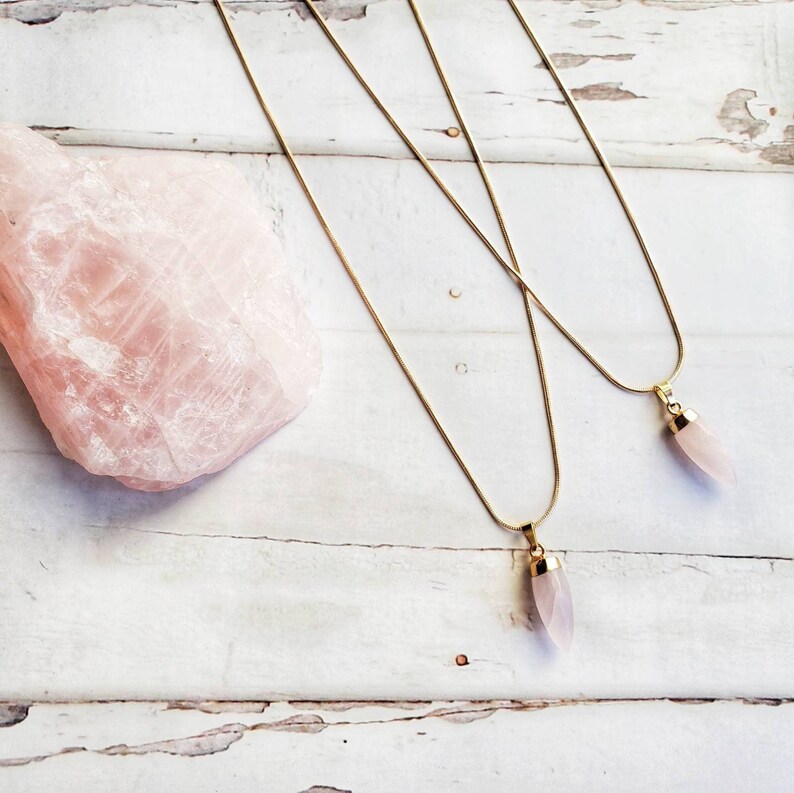 ROSE QUARTZ | Pointed Pendulum Crystal Necklace | Universal Love, Trust, Harmony | Intention Necklace | Gold Snake Chain Pendant Necklace 