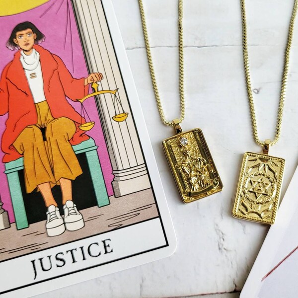 JUSTICE Tarot Card Necklace | 14K Gold Box Chain Pendant Necklace | Minimalist Statement Necklace | Astrology Spiritual Jewelry Oracle Cards