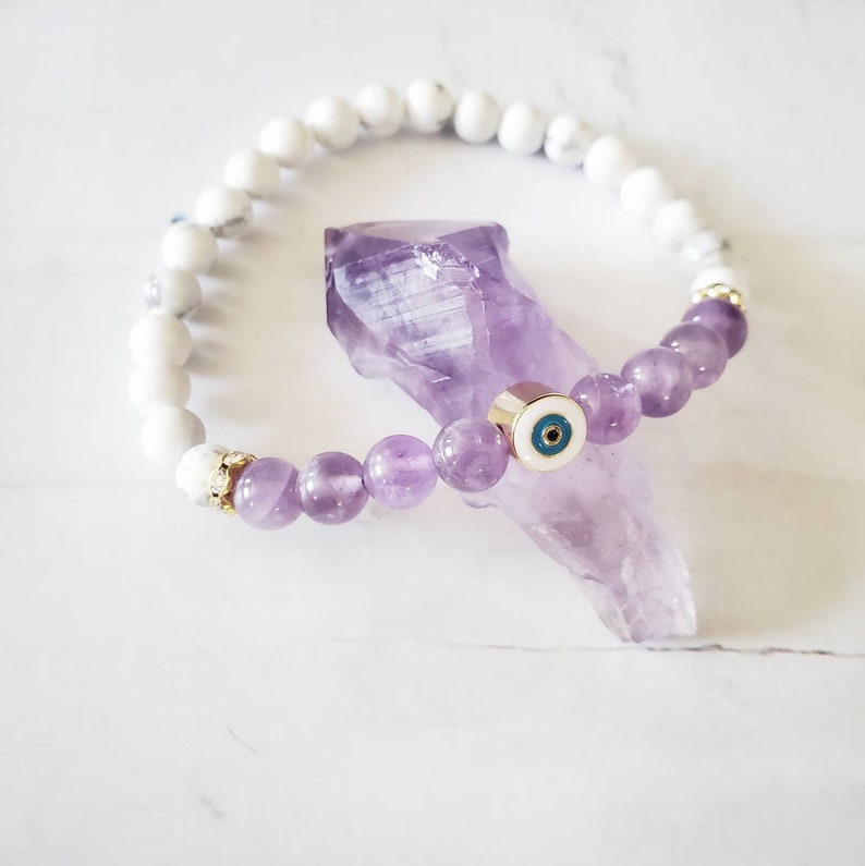 GUARDIAN | Amethyst & Howlite Handmade Evil Eye Charm Bracelet for Protection, Stillness, and Growth  | Empath Spiritual Gift for Women 