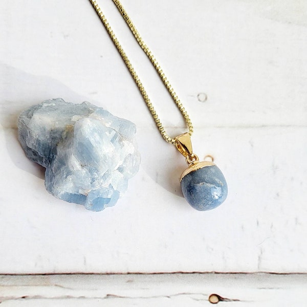 ANGELITE | 14K Gold Throat Chakra Crystal Healing Necklace | Celestite Crystal | Intention Gemstone Jewelry | Dainty Minimalist Gold Chain