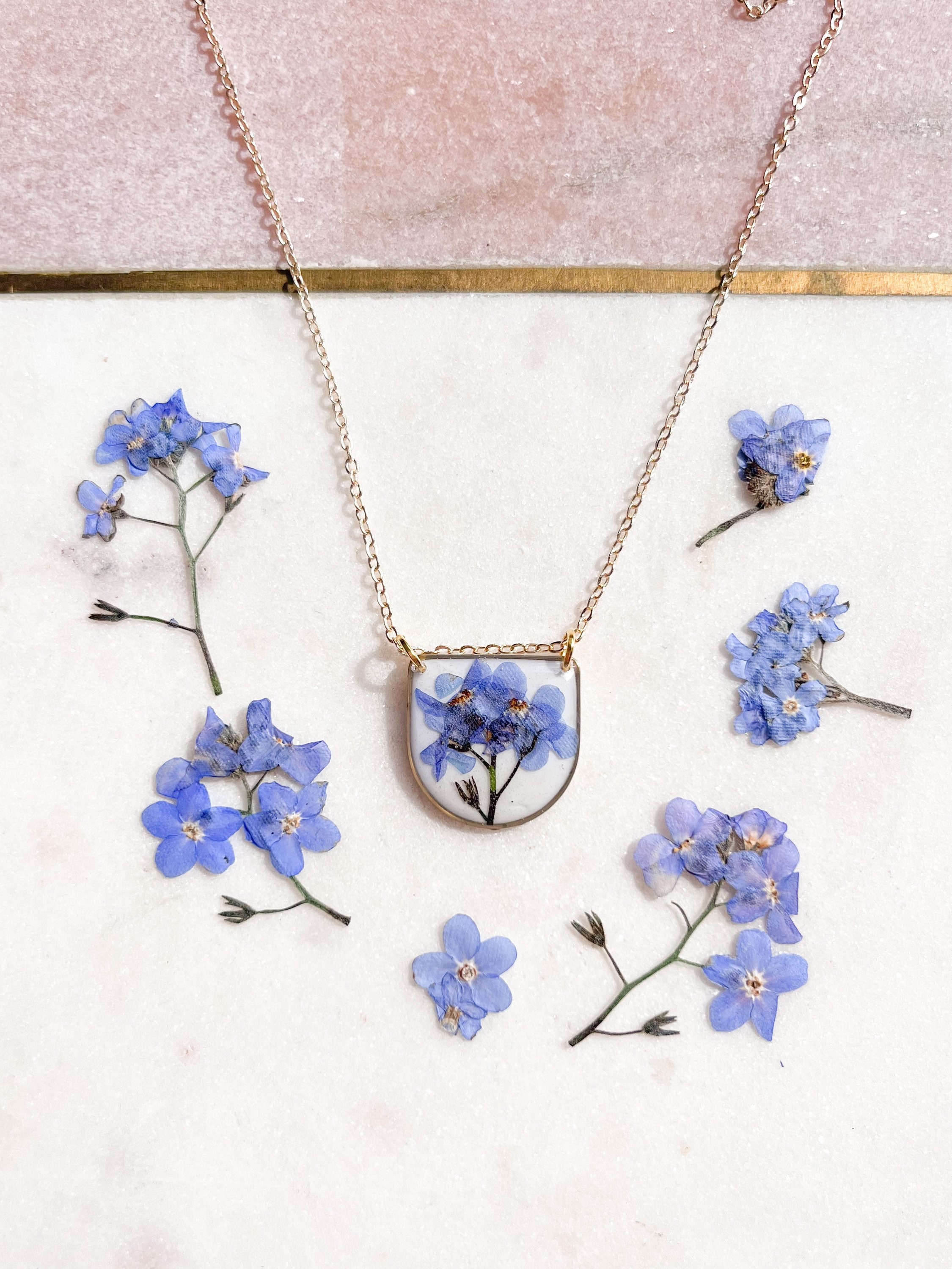 Pressed Flower Forget-Me-Not Necklace On 22K Gold Plated Chain/Botanical Jewellery Bridesmaid