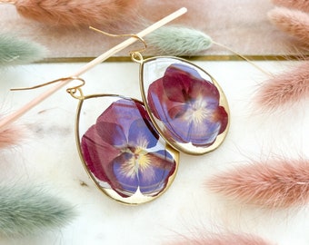 Pansy earrings, dangle drop, brass boho chic, geometric, pressed preserved flower, botanical jewellery