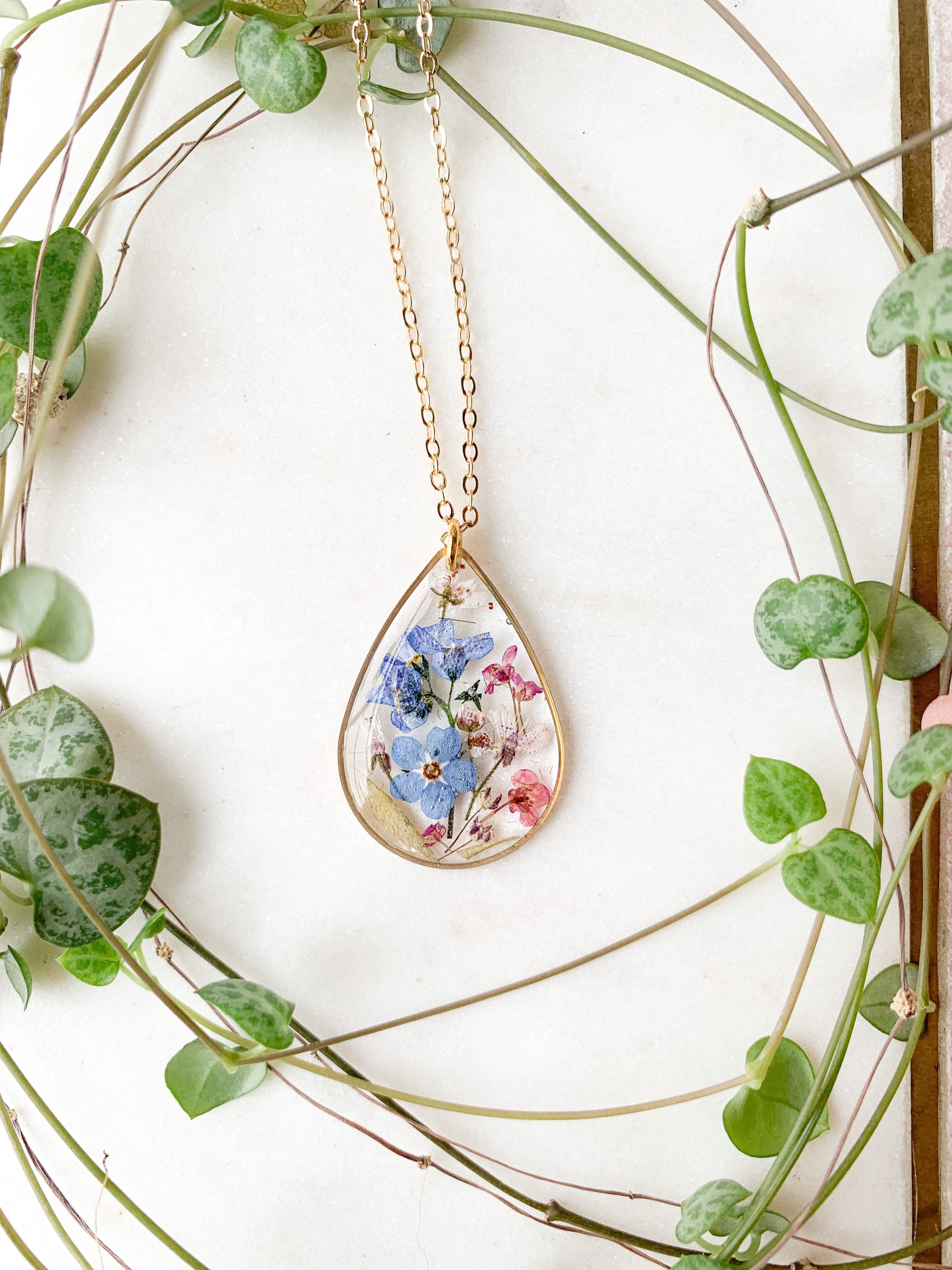 Forget-Me-Not Pendant Necklace: Pressed Flower Teardrop, Gold Plated Chain