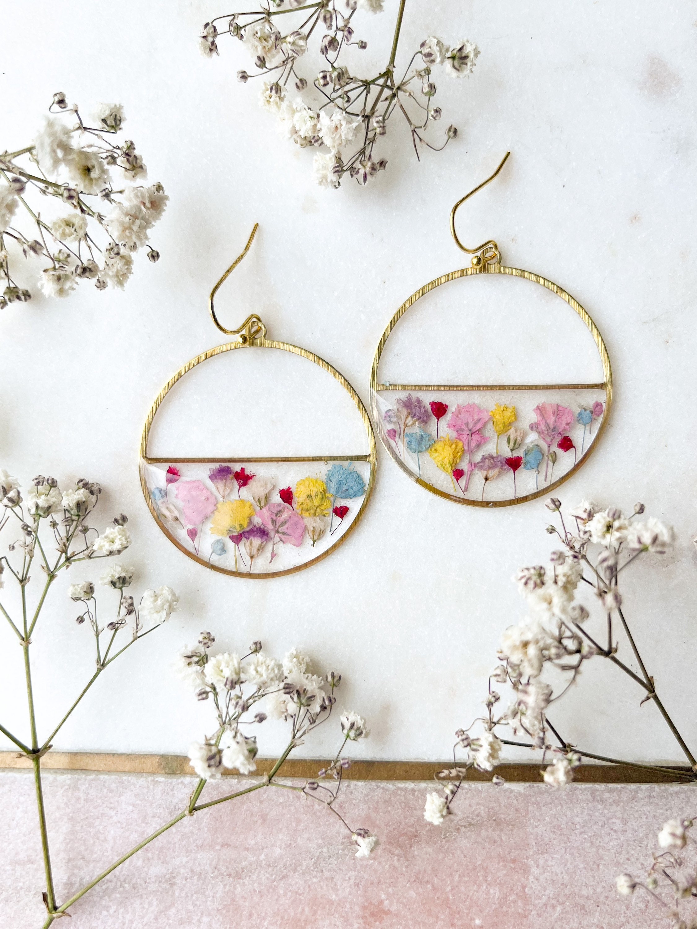 Pressed Flower Resin Earrings, Hoop Split Circle, Boho Geometric