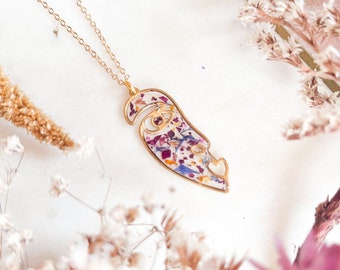 Face necklace with pressed confetti flower, boho resin