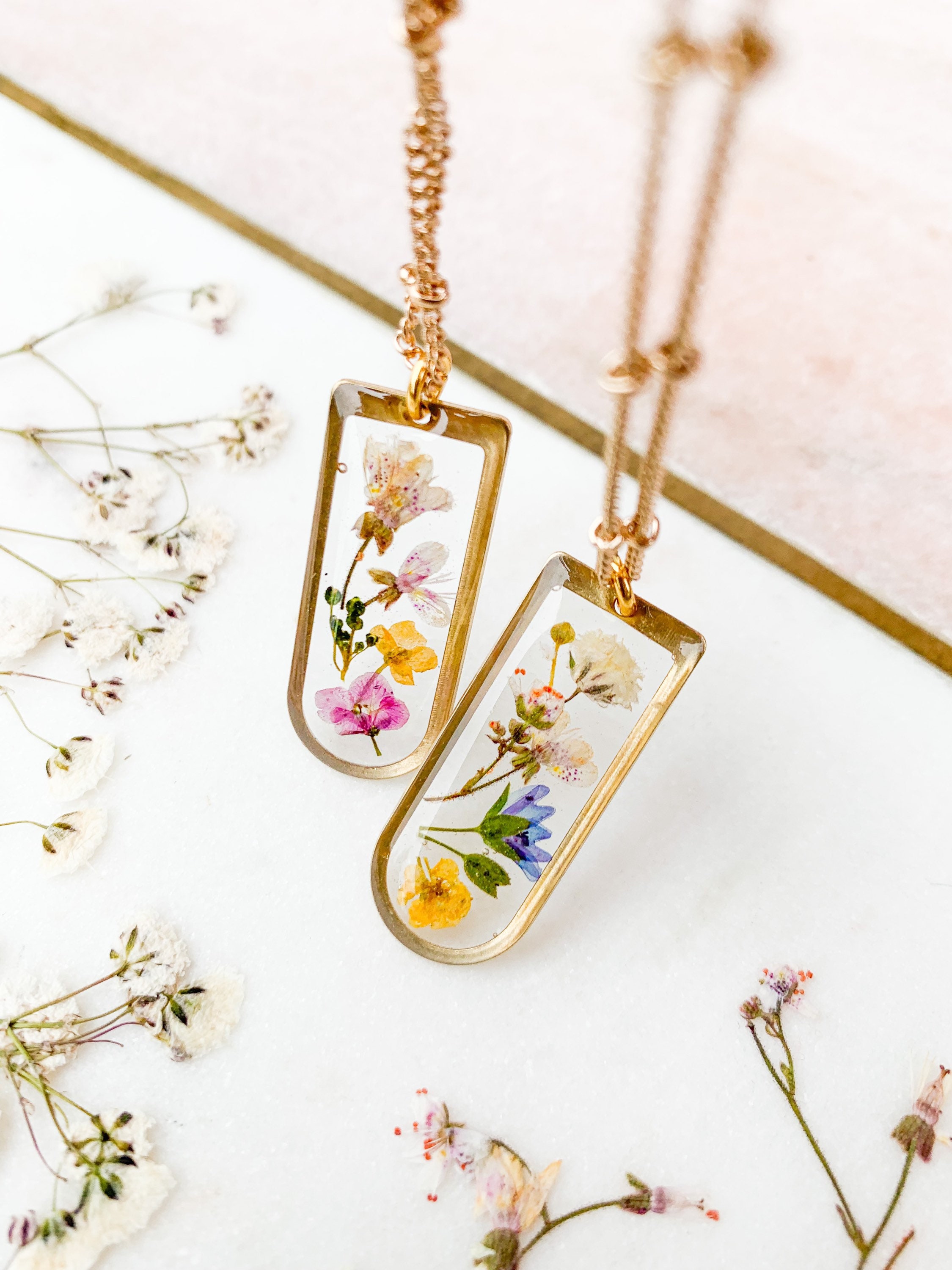 Wild Flower Necklace Pendant On 14K Gold Plated Chain, Botanical Jewellery, Resin, Boho Geometric, Chic