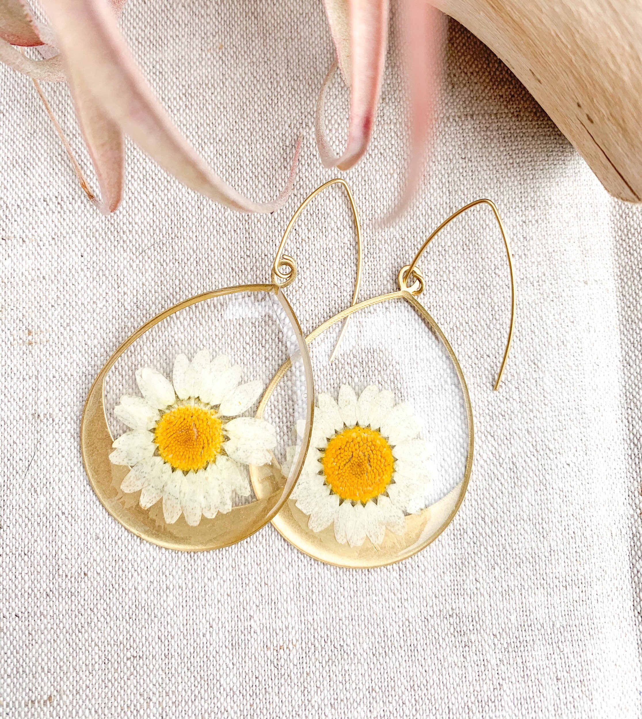 Daisy Earrings, Dangle Drop, Brass Boho Chic, Geometric, Pressed Preserved Flower, Botanical Jewellery