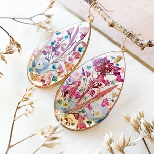 Pressed flower dangle earrings, boho geometric, teardrop, preserved botanical jewellery