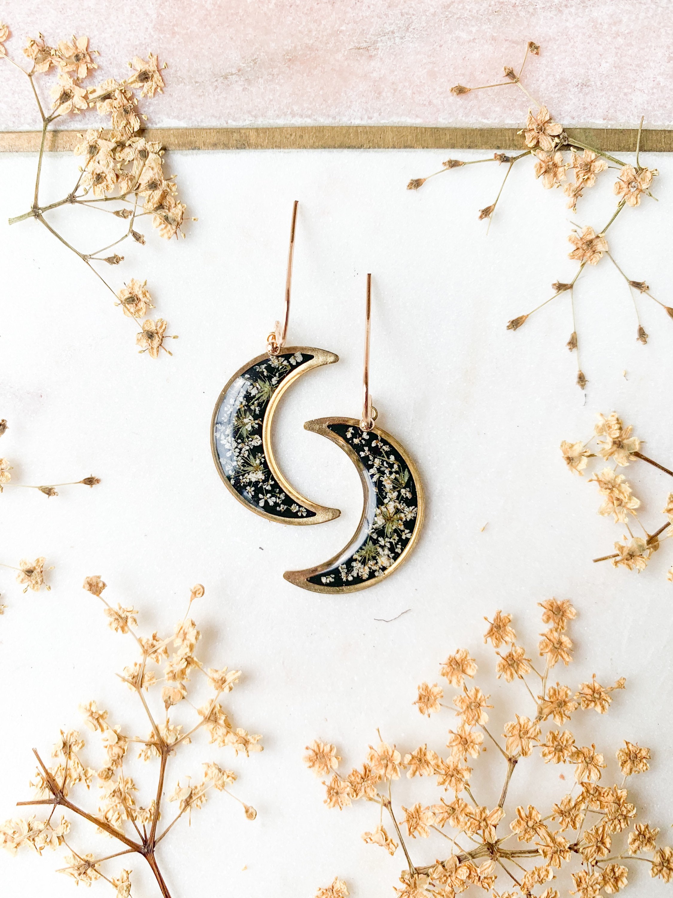 Crescent Pressed Flower Earrings, Black & White With Queen Anne’s Lace Flower