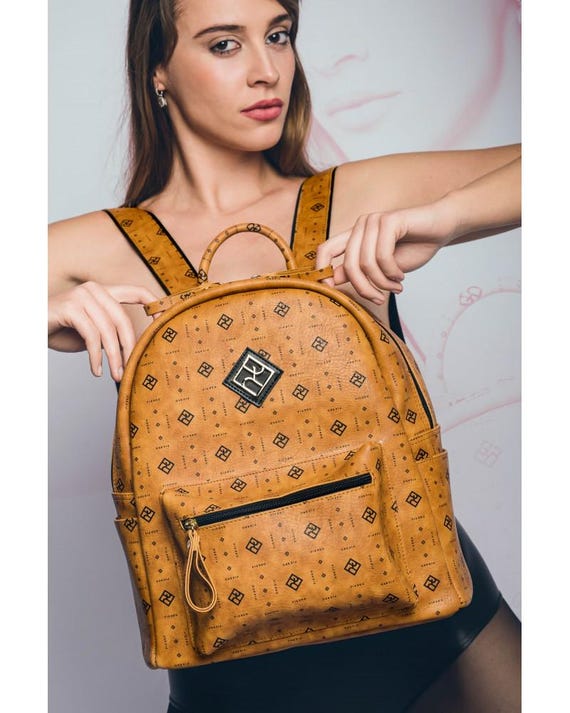 Elegant Tan Monogram Backpack Boho Chic Elegant Monogram Printed Backpack | Zazzle main image 2