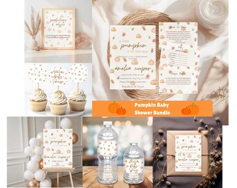 May include: A collection of baby shower decorations and stationery with a pumpkin theme. Includes invitations, signs, cupcake toppers, and water bottle labels. The color scheme is orange, beige, and gold, with the text "a little pumpkin is on the way".