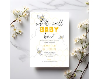 May include: A white invitation card with the text "what will BABY bee?" in black and yellow. The card is for a gender reveal, with the names Amelia & John and the date October 10. Decorative bees and honeycomb patterns are included.