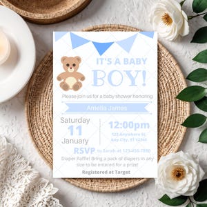 Blue Teddy Bear Baby Shower Invitation Template | Editable Invite | Boy Baby Shower | Instant Download | Cute Printable Bear Invite