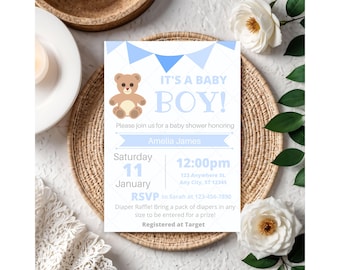 Modèle bleu d'invitation pour baby shower d'ours en peluche | Invitation garçon modifiable (téléchargement instantané)
