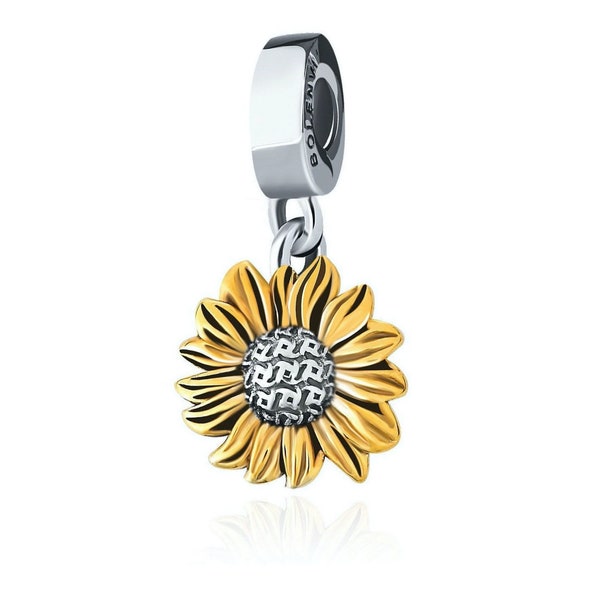 Gold Sunflower Flower 925 Sterling Silver Dangle Pendant Bead Gift fits Pandora, Thomas Sabo, European, Link Charm Bracelets & Necklaces