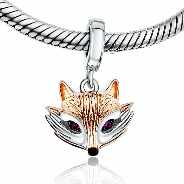 Red Fox CZ Eyes Rose Gold on 925 Sterling Silver Gift Pendant Charm Bead Gift Fits Pandora, European Charm Bracelets & Necklaces