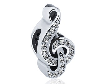 CZ Music Note Charm Bead Authentic Sterling Silver Pendant Fits Pandora & Similar Bracelets / Necklaces, Best Gifts for Her