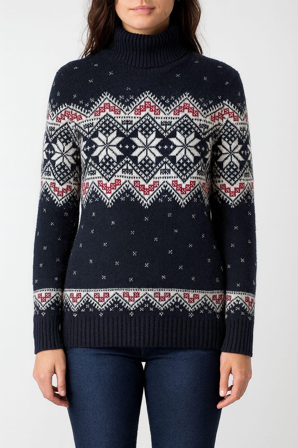 Women’s 100% Wool Navy Fair Isle Turtleneck Christmas Sweater ...