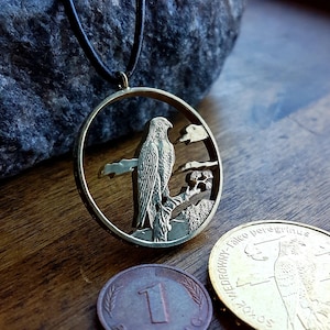 Könnte beinhalten: Eine goldfarbene Halskette mit einem runden Anhänger, der eine detaillierte Ausschneidung eines Falken zeigt, der auf einem Ast sitzt. Der Anhänger hängt an einem schwarzen Lederband. Die Halskette wird auf einer Holzoberfläche mit einer braunen Münze mit dem Text "1 PFENNIG" und einer goldenen Münze mit dem Text "FEDEROWY  Falco peregrinus 20 ZLOTYCH" gezeigt.