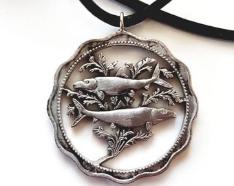 Fish - Handmade pendant from a 10 cent coin from the Bahamas - Caribbean