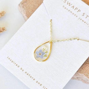 Miscarriage Gift for Mothers Forget Me Not Flower Necklace: Handmade Gold Teardrop Resin Pendant