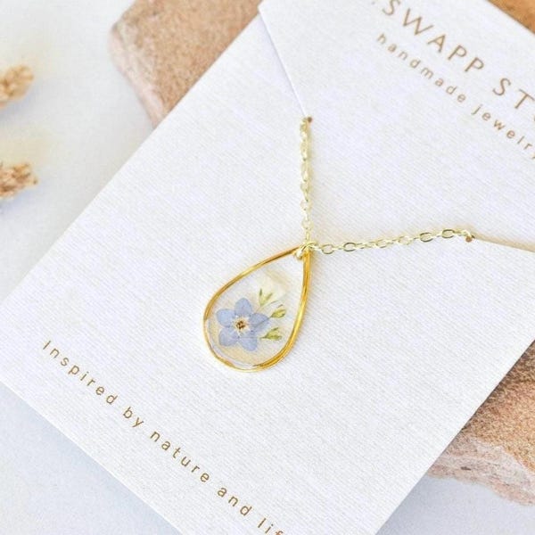 Miscarriage Gift for Mothers Forget Me Not Flower Necklace: Handmade Gold Teardrop Resin Pendant