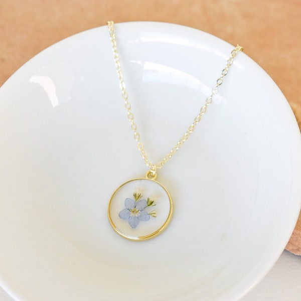 Forget Me Not and Baby's Breath Real Flower Necklace for Grief/Loss/Hope/Love