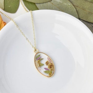 Custom (made to order) gold oval pressed flower resin necklaces