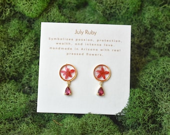 Handmade July Birth Month Gemstone and Flower Dangle Earrings