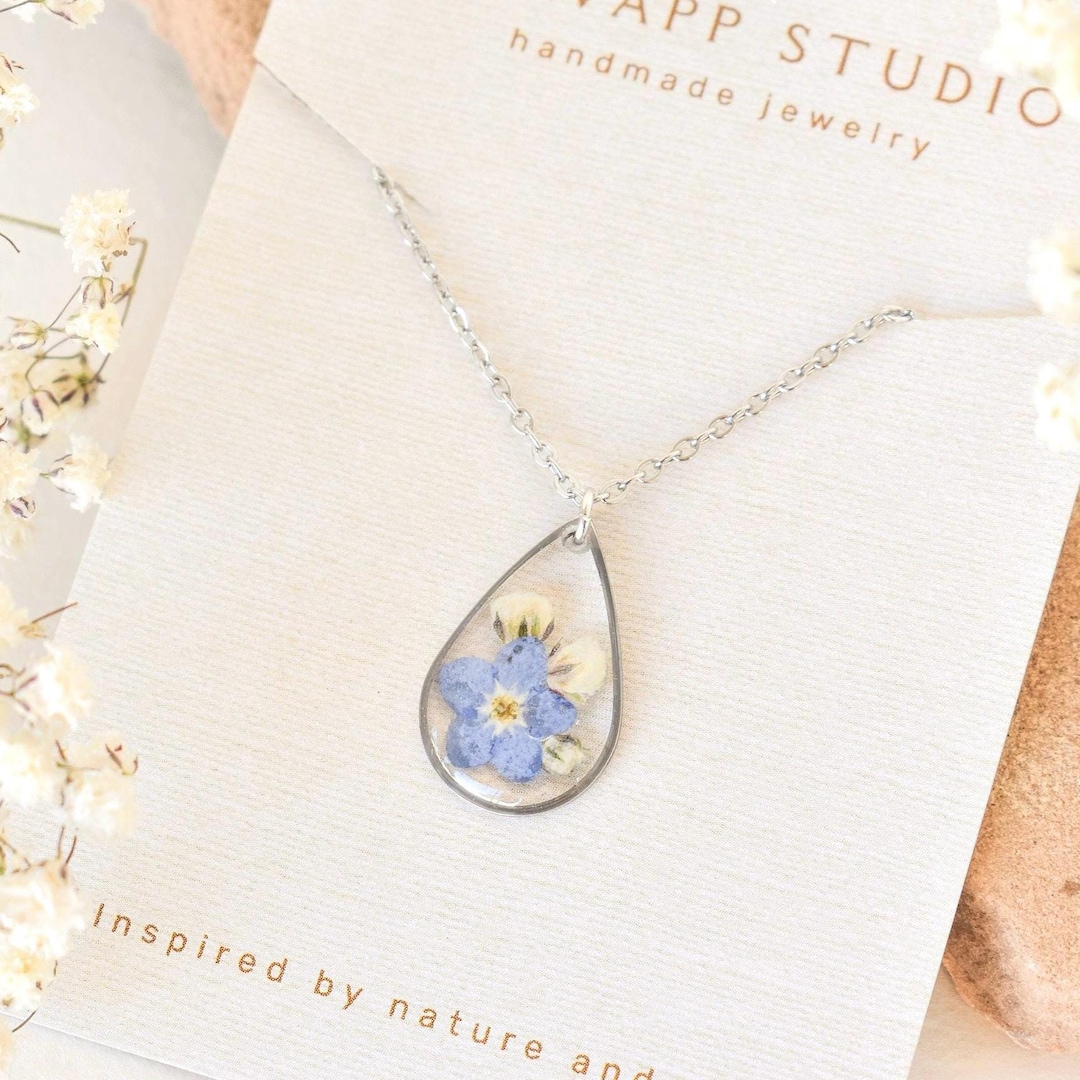 Miscarriage Gift for Mothers Forget Me Not Flower Necklace: Silver - Main Image