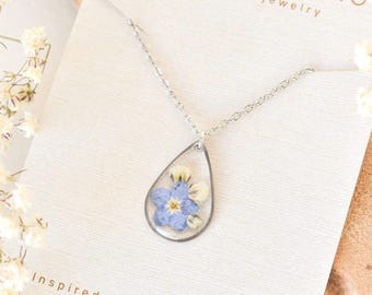 Miscarriage Gift for Mothers Forget Me Not Flower Necklace: Silver Teardrop Resin Pendant