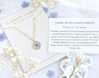 Gold Filled Miscarriage Necklace • Forget Me Not & Baby’s Breath Jewelry • Waterproof Pregnancy Loss Remembrance Gift, Gift for Mothers