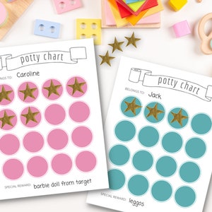 May include: Two potty charts with the text "potty chart" and the names "Caroline" and "Jack". The Caroline chart has pink circles and gold stars, while the Jack chart has teal circles and gold stars. The Caroline chart says "barbie doll from target" and the Jack chart says "leggos".