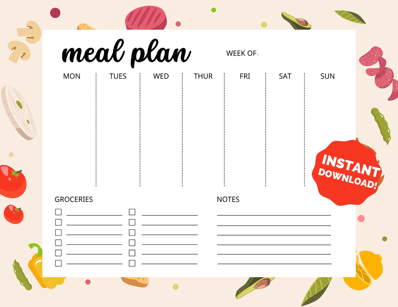 Meal Plan Download Printable Weekly Menu Weekly Menu Planner