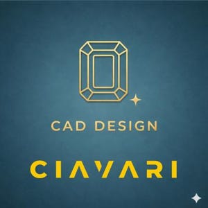 Könnte beinhalten: Ein goldfarbenes geometrisches Design eines Edelsteins mit dem Text "CAD DESIGN" und "CIAVARI" in goldfarbenen Buchstaben auf einem tealfarbenen Hintergrund. Ein kleiner Stern befindet sich in der unteren rechten Ecke.