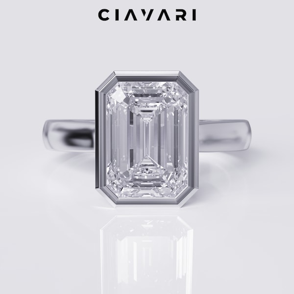 3 Carat Emerald Cut Engagement Ring / Bezel Set Emerald / Lab Grown Diamond / IGI Certified Diamond
