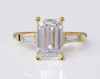 Anillo de compromiso de 3 quilates con corte esmeralda cultivado en laboratorio / Anillo de compromiso con tres piedras / Piedras laterales cónicas de talla baguette / Diamante con certificación IGI
