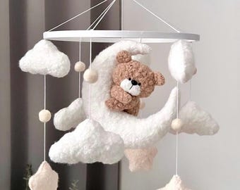 Handmade Teddy Bear Baby Mobile | Bouclé Moon & Stars Nursery Decor