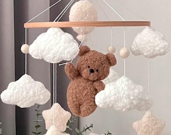 Handmade Bouclé Baby Mobile • Teddy Bear & Cloud Nursery Decor