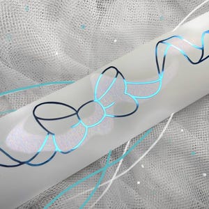 May include: A blue and white iridescent bow with a ribbon tail. The bow is outlined in black and is on a white background.