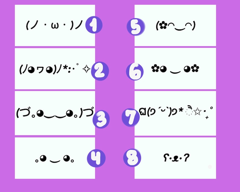 May include: A pink background with eight white squares, each containing a different emoji or symbol. The squares are numbered 1 through 8. The emojis include a winking face, a flower, a star, and a question mark.