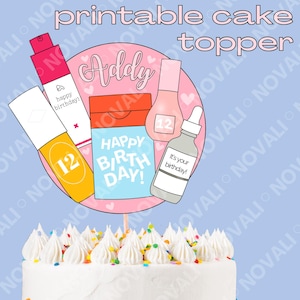 Skincare Nome Personalizado Idade Bolo Topper Digital Download Imprimível Decoração Personalizável Preppy Sephora Party Ulta Sol de Janeiro Party